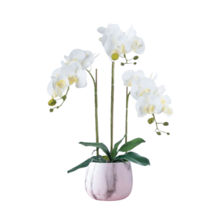 Artificial White Orchid (3 stalks) in Ceramic Marble Pot - 65cm