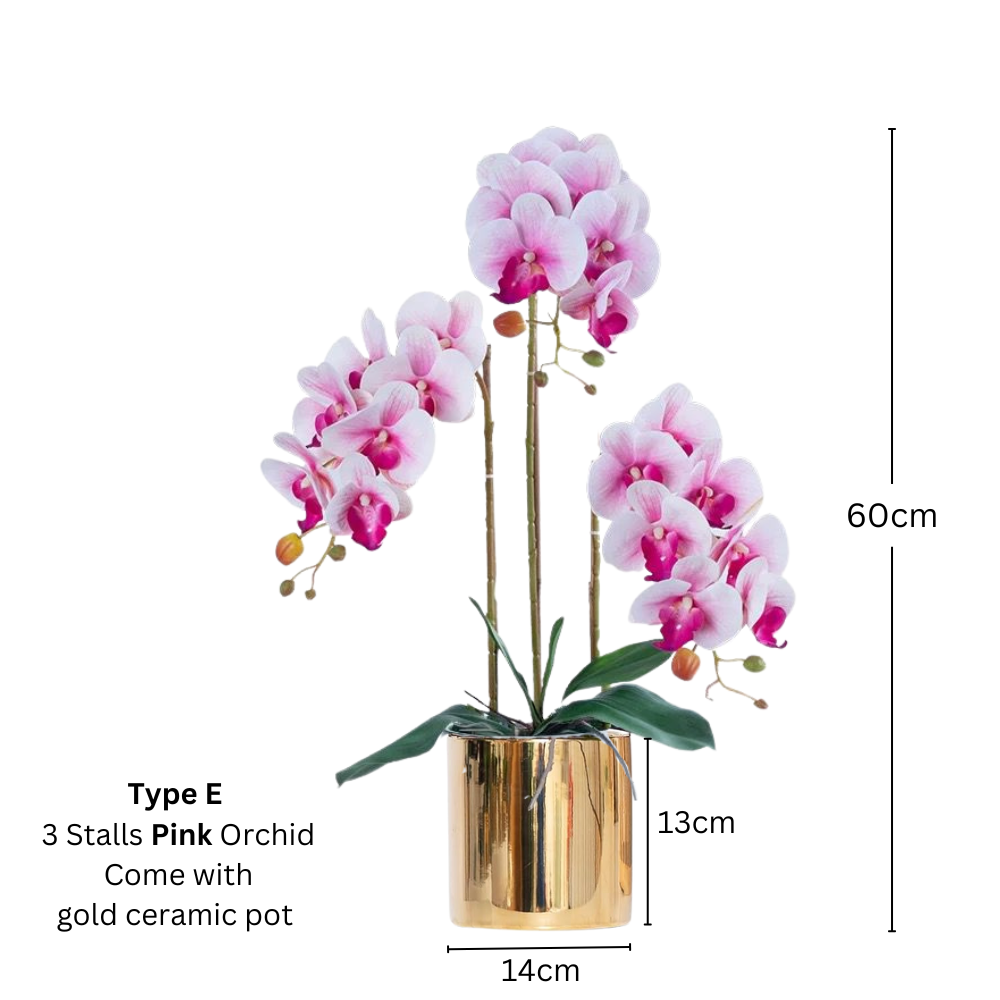 Artificial Pink Orchid (3/4 stalks) in Ceramic Gold Pot - (60cm) - Image 2