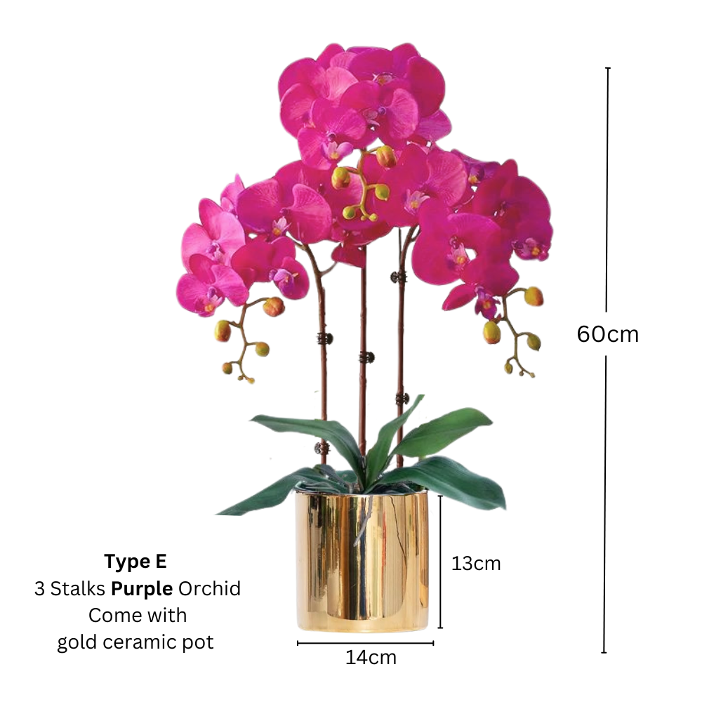 Artificial Purple Orchid (3/4 stalks) in Ceramic Gold Pot - (60cm) - Image 4