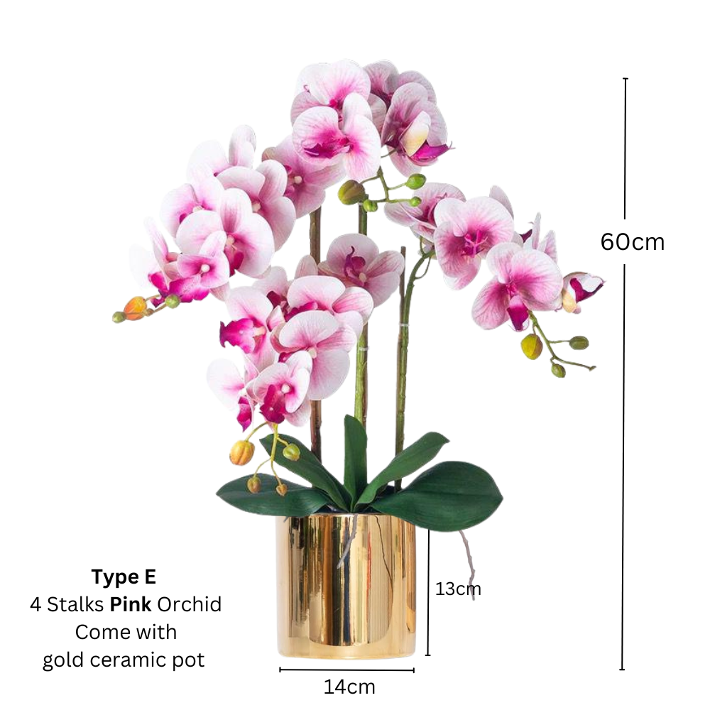 Artificial Pink Orchid (3/4 stalks) in Ceramic Gold Pot - (60cm) - Image 3