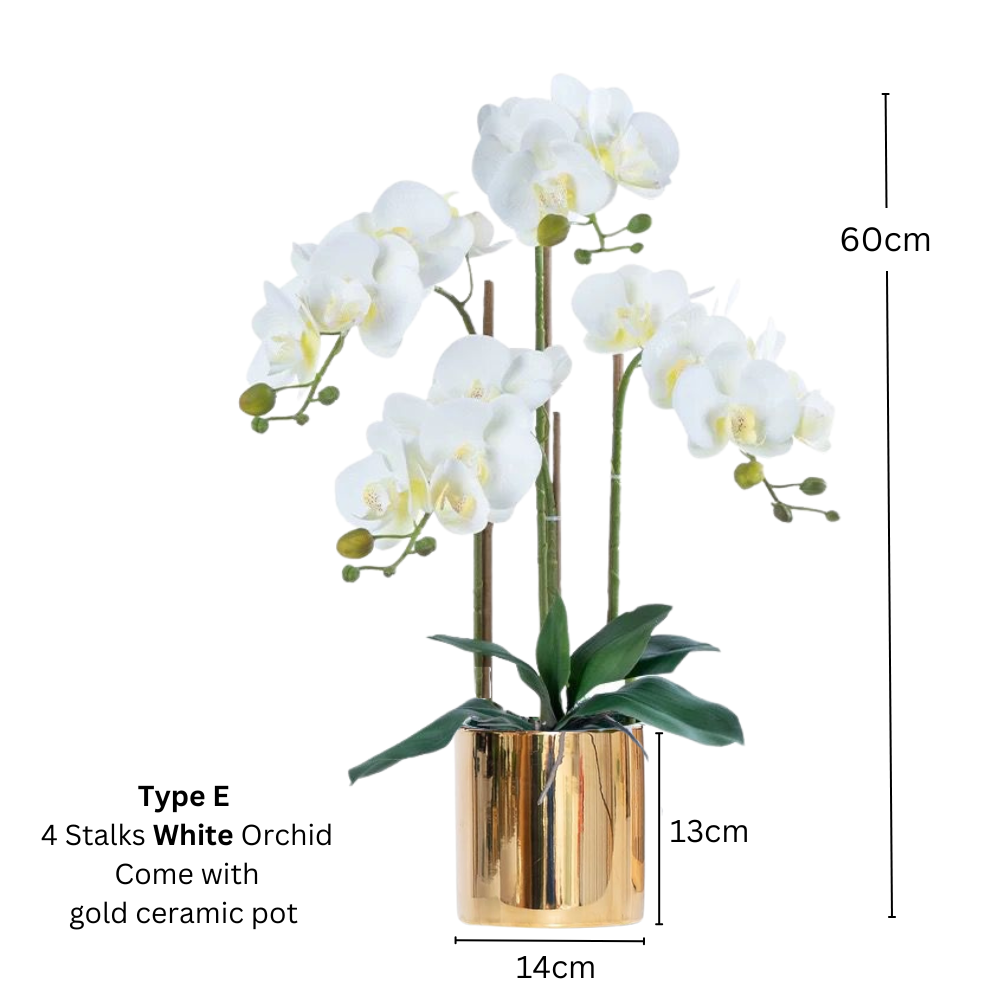 Artificial White Orchid (3/4 stalks) in Ceramic Gold Pot - (60cm) - Image 7