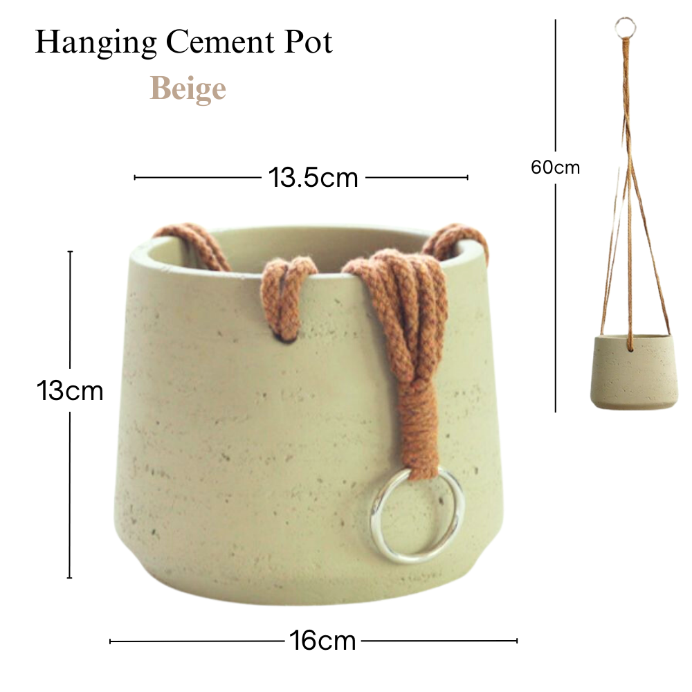 Hanging Cement Pot With Hemp Rope- Beige (60cm) - Image 2